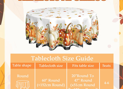 Fall Pumpkin Round Tablecloth 60 Inch Polyester Maple Leaf Kitchen Decor