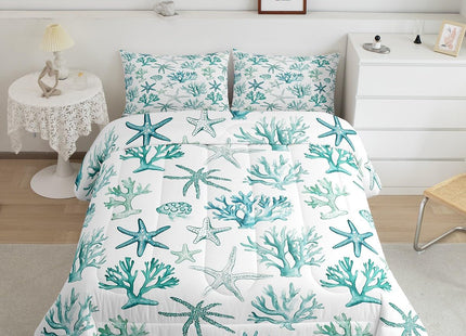 Erosebridal Shell Coral Starfish Comforter Set, Summer Coastal Twin Bedding Set, Beach Nautical Comforter for Kids Boys Girls Teens Adults Bedroom Decor, Ocean Life Quilt 2 Piece