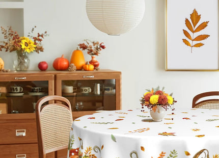 Fall Pumpkin Round Tablecloth 60 Inch Polyester Maple Leaf Kitchen Decor
