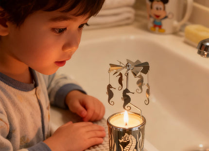 Qtnuerm Metal Rotary Candle Holder Spinning Windmill Tea Light Carousel Decor for Home & Gifts (Silver Seahorse)