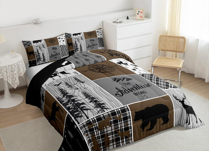 Erosebridal Rustic Patchwork Twin Comforter Set for Boys, Retro Country Farmhouse Quilt Cabin Room Decor, Western Deer Bear Bedding Woodland Wildlife Adventure Camping Duvet Insert, Gray Brown