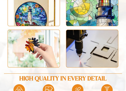 Wooden Puzzles for Adults, Stained Glass Lighthouse-2 Wood Puzzles Adult, Unique Animal Shaped Wooden Jigsaw Puzzle, Creative Gifts for Friends/Family/Puzzle Lovers, Home Decor(S-8.5 * 8.5in 100pcs)
