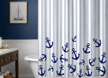 Sunlit Nautical Fabric Shower Curtain, Navy Blue Anchor with Gray Stripes Shower Curtains, Nautical Ocean Bathroom Decoration Curtains