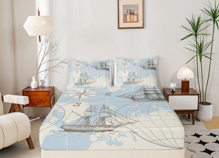 Erosebridal Nautical Fitted Sheet, World Map Bottom Sheet for Kids Boys Girls Teens, Sailing Boat Yacht Retro Compass Bedding Set Soft Mattress Twin