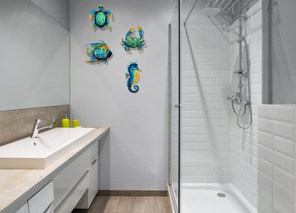 Meduofon Set of 4 Metal Outdoor Wall Art Decor, Blue Turtle Fish Crab and Seahorse Suitable for Beach Ocean Pool Decor, Metal Yard Fence Garden Children Room Bathroom Livingroom Wall Decoration
