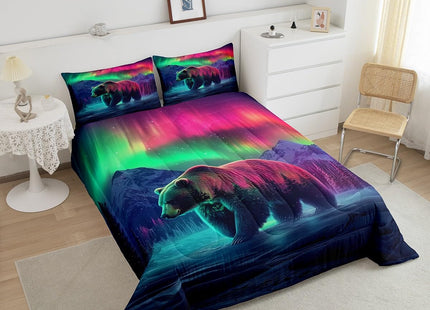 Erosebridal Aurora Bear Toddler Bedding Set,Mountain Snow Scene Comforter Set for Kids,Northern Lights Quilt Bed Set Cabin Pine Tree Bed Comforter Sets with 1 Pillowcase Room Decor