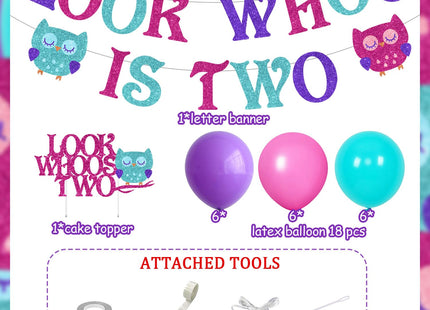 Owl Themed 2nd Birthday Party Decorations, with Look Whoo Is Two Owl Banner Cake Topper Purple Pink Balloon Set, for Kids Cute Owl 2 Years Old Birthday Party Supplies