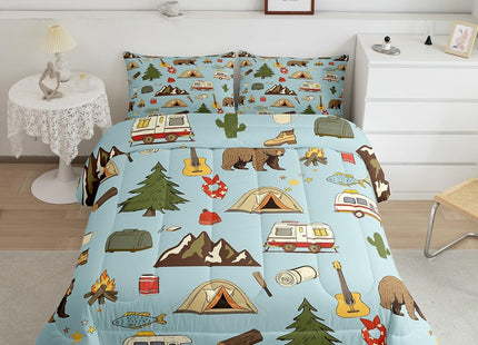 Camper Bedding for Travel Trailers Bunk, Happy Camping Comforter Set for Kids Boys Girls, Pine Tree Bear Duvet Insert, Camper Accessories Bedding Comforter Sets, Travel Car Down Comforter, 2Pcs Twin