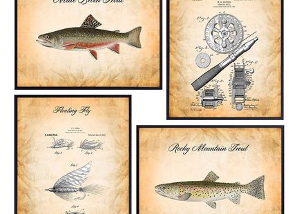 Trout Fly Fishing Wall Art - Vintage Poster Prints Set of 4 8x10 Unframed
