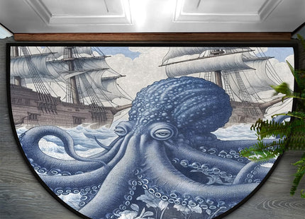 Half Round Doormat Non-Slip Area Rug, Blue Nautical Octopus Huge Ocean Kraken Circle Door Mats Entryway Floor Rug Indoor for Kitchen Living Room Bathroom,36 x 24 Inch