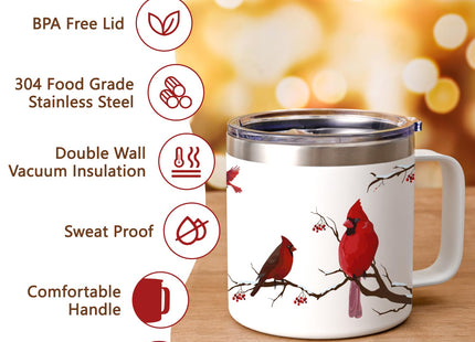 Qtencas Cardinal Gifts for Women, Cardinal Gifts, Northern Cardinalis Red 14 Oz Insulated Mug, Christmas Coffee Mug, Red Cardinals Gift for Cardinalis, Bird lovers, White