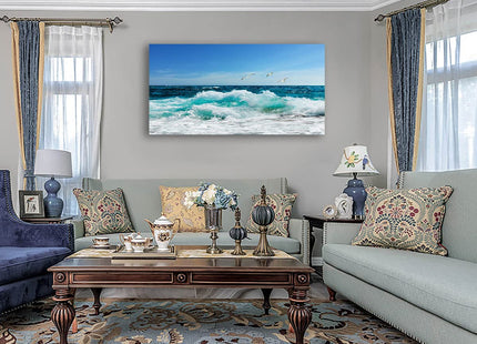 tigeridge Sea Beach Canvas Wall Art for Living Room Wall Decor Ocean Waves Canvas Pictures Blue Surfing Water Seagull Canvas Prints Artwork Office Home Wall Decorations Framed Ready to Hang 24" x 48"