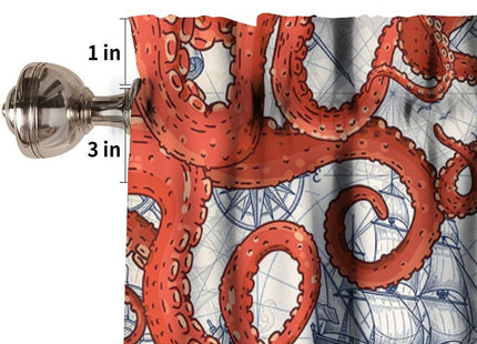 SHElifestyle Nautical Red Octopus Window Valance Curtain, Ocean Anchors Lighthouse Beach Vintage Coastal Map Pirate Ship Window Treatments Valance for Bedroom Living Room Kitchen 54x18inch