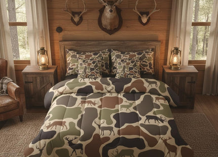 Erosebridal Camo Deer Comforter Set 7 Pcs Camouflage Hunting Deer Bedding Sets for Kids Teens Green Military Army Camo Bed in A Bag Queen Country Hunter Wildlife Sheet Set with Comforter