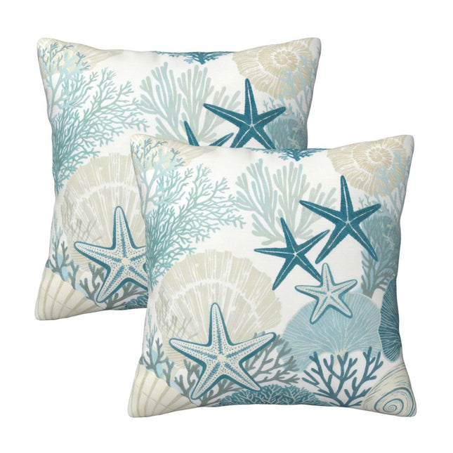 Tebjh Coastal Beach Nautical Throw Pillow Covers 16x16 Set of 2 Teal Starfish Coral Cushion Cases Home Decor