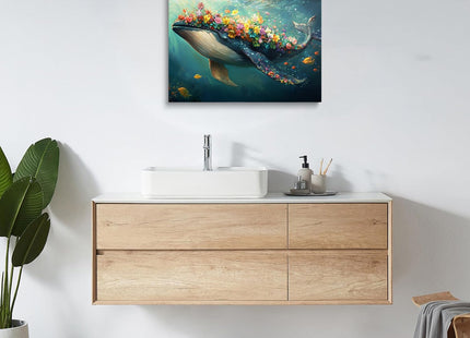 Floral Whale Canvas Wall Art Framed Bright Ocean Fantasy Decor 12x16 Inch