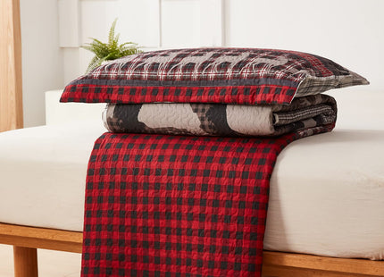 Rustic Quilt Queen/Full Size Lodge Cabin Bedding Set Reversible Moose Bear Bedspread Coverlet Pine Tree Sunset Wildlife Printed Quilts Set Woodland Plaid Patchwork Quilted Bed Spread Country Decor