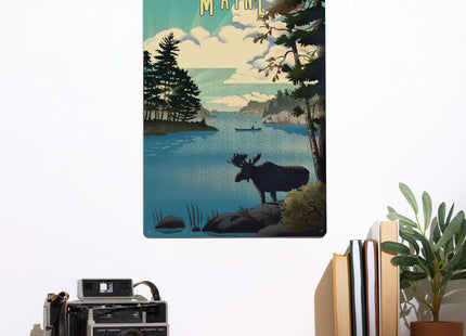 Lantern Press Maine, Moose and Lake, Lithograph, 12x18 Inch Aluminum Sign, Indoor or Outdoor Use