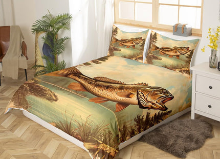 Bass Fish Bedding Set Full Size,Lake House Retro Rustic Style Duvet Cover Set Kids Boys Girls Room Decor,Hunting and Fishing Theme Comforter Cover 3Pcs,Wild Animal Lake Bedspreads Cover,2 Pillowcases