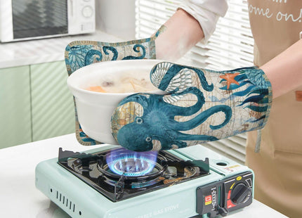 Octopus Nautical Retro Ocean Oven Mitts And Pot Holders Sets, 4pcs Silicone Non-Slip Kitchen Mitts Potholders Heat Resistant Bbq Gloves Hot Pads For Cooking Grilling Baking Microwave Chef Gifts Decor