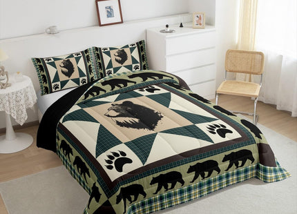 Erosebridal Black Bear Comforter Set Western Bedding Set Twin Patchwork Geometric Triangle Lattice Quilt Woodland Wildlife Bear Paw Print Duvet Insert,Green Checkered Buffalo Plaid Decor