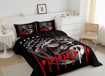 Feelyou American Flag Big Pike Fish Comforter Set Bass Big Bedding Set Toddler Size for Kids Boys Girls Hunting Fishing Comforter Fish Hook Inner Fill Duvet Set 1 Comforter Set with 1 Pillowcase