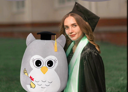 OurHonor Graduation Owl Plush 18in, Grey Owl Stuffed Animal with Cap