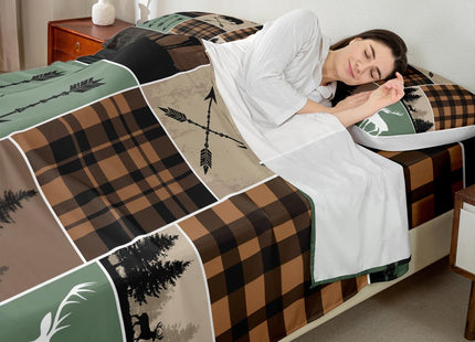 Erosebridal Farmhouse Retro Rustic Sheet Set Twin Size, Kids Country Bear Deer Bed Sheet Hunting Wild Animal Fitted Sheet - Plaid Arrows Flat Sheet Adventure Patchwork - 1 Pillow Case, Brown Green