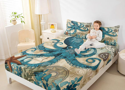 Octopus Bedding Ocean Bed Sheet Set Teal Mystic Kraken Mediterranean Style Design Teal Animal Bedding Sets Octopus Kids Sheet Set for Twin Size Skull Fitted Sheet and Flat Sheet,Marine 1 Pillowcase