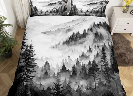 Erosebridal Black Gray Misty Forest Duvet Cover King Grey White Foggy Mountain Bedding Set Rustic Woodland Pine Trees Comforter Cover for Kids Teen Adults,Watercolor Nature Theme Bed Set