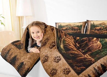 Erosebridal Rustic Cabin Comforter Set Queen Size Grizzly Bear Print Bedding - Rustic Farmhouse Bedding Comforter Sets - For Boys Teen Men,Hunting Wildlife Pattern Quilt Animal Theme Lodge Decor 3 Pcs