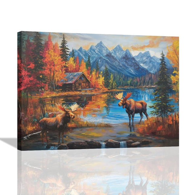 Fall Moose Wall Art Cabin Deer Pictures Wall Decor Autumn Animals Canvas Prints Painting Framed Artwork Decoration for Kitchen Bathroom Living Room Dining Room Office 16"x12"