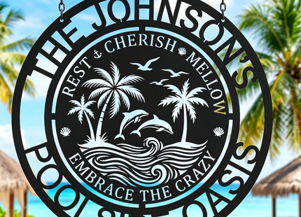 Personalized Pool Oasis Metal Sign | Backyard Poolside Wall Art | Custom Outdoor Decor | Tropical Themed Plaque for Coastal & Lake House | Yard & Patio Ornament | 8-24 Inch (Backyard Oasis C)
