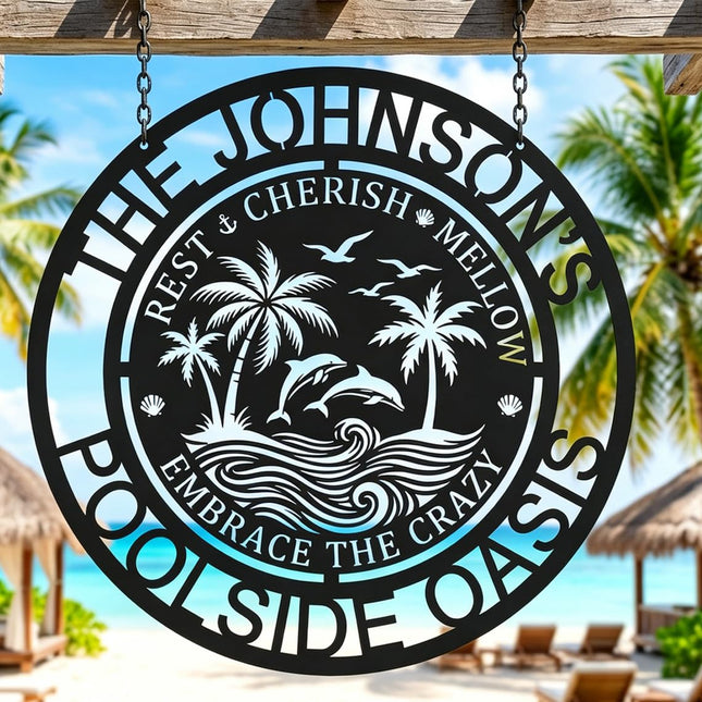 Personalized Pool Oasis Metal Sign | Backyard Poolside Wall Art | Custom Outdoor Decor | Tropical Themed Plaque for Coastal & Lake House | Yard & Patio Ornament | 8-24 Inch (Backyard Oasis C)