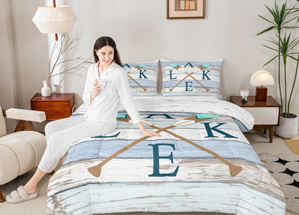 Castle Fairy Rowing Oar Comforter Set for Kids Room Decor Blue Brown Wooden Stripes Bedding Comforter Twin Size Lodge Cabin Rustic Style Soft Polyester Quilt Set with 1 Pillowcase