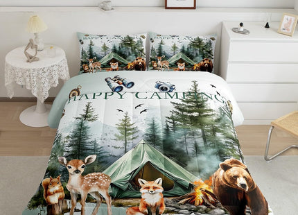 Erosebridal RV Camper Queen Comforter Set,Happy Camping Rustic Bedding Set for Kids Adults Bedroom Decor,Cabin Bear Deer Fox Bed Set Country Farmhouse Bed Comforter Sets,2 Pillowcases