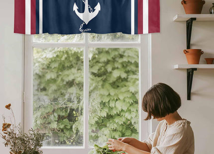 Savannan Nautical Valances, Nautical Anchor Red White Stripes Navy Blue Rod Pocket Cafe Valance Short Window Curtains Valances for Kitchen, Bedroom, Living Room, 1 Panel, 42InchesX12Inches