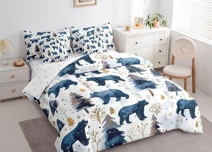 Erosebridal Cabin Bear 7 Piece Comforter Set Full | Wildlife Jungle Hunting Bed in A Bag Wild Animals Farmhouse Sheet Set Winter Snowflakes Pine Trees Fitted Sheet Breathable Lightweight