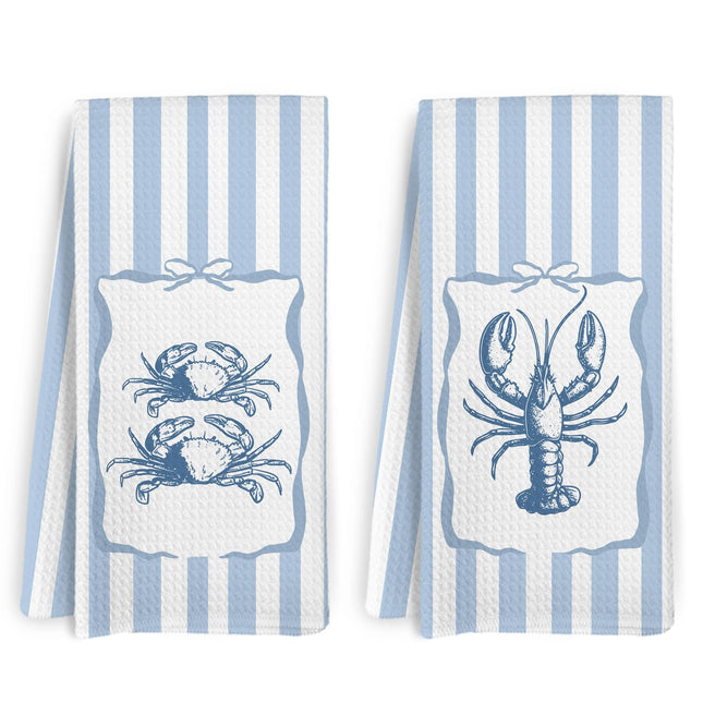 KFXHANGD Ocean Beachy Lobster Crab Kitchen Towels and Dishcloths Sets of 2, Coastal Lobster Crab Decor, Blue Ocean Beach Themed Nautical Decor Dish Hand Tea Towels for Bathroom Kitchen,16x24 in