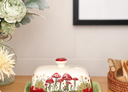 Fungi Fun Ceramic Butter Dish with Lids - Mushroom Butter Containers, White