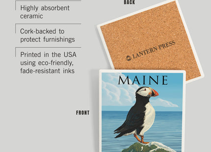 Lantern Press Maine, Puffin on Rock Scene (Absorbent Ceramic Coaster, Single, Cork Back, Kitchen Table Decor)