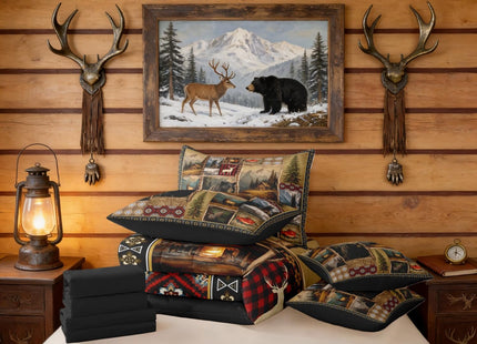 Erosebridal Hunting and Fishing Queen 7 Pcs Bedding Set, Rustic Bear Deer Cabin Plaid Comforter Set with Sheets, Vintage Southwestern Farmhouse Bed in A Bag, Boho Aztec Brown Patchwork Bed Sets