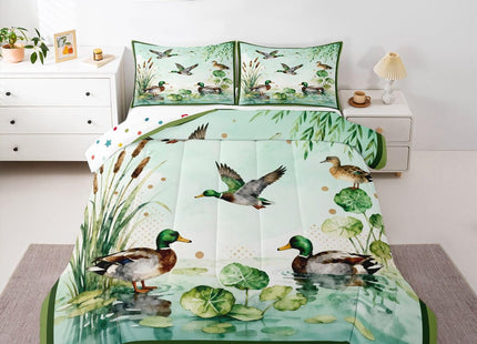 Feelyou Cute Mallard Duck Bedding Set Soft for Boys Girls, Wild Duck Hunting Comforter Set Twin Size Hunting and Fishing Duvet Quilt 3D Wild Animal Bedroom Decor Bright Green 2 Pcs with 1 Pillow Cases