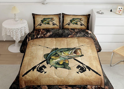 Erosebridal Camo Fishing Full Comforter Set Bass Fish Fishing Rod Bedding Set Rustic Pike Fish Comforter for Boys Adults Men,Fisherman Quilt Duvet