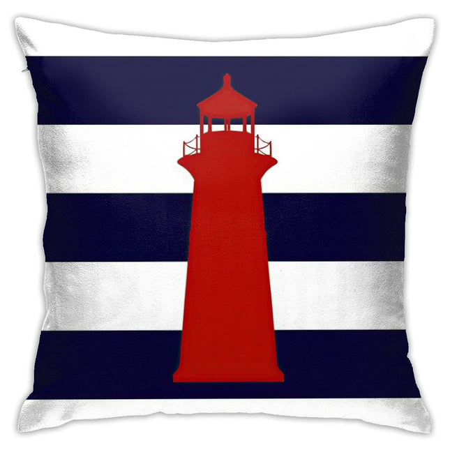 Myshe Square Nautical Red Lighthouse On Navy Blue Stripes Throw Pillow Cover Decorative Pillow Cover Perfect Decor Gift for Families Friends Home Office Sofa Car Couch 18x18