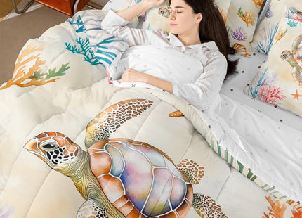 Erosebridal Sea Turtle Comforter Set with Sheets, Ocean Life Bed in A Bag for Bedroom Decor, Sea Animal 7 Pieces Bedding Set