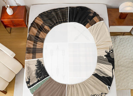 Erosebridal Farmhouse Retro Rustic Sheet Set Twin Size, Kids Country Bear Deer Bed Sheet Hunting Wild Animal Fitted Sheet - Plaid Arrows Flat Sheet Adventure Patchwork - 1 Pillow Case, Brown Green
