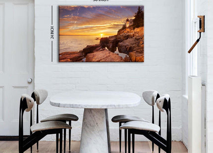 National Park Seascape Wall Art Bass Harbor Lighthouse Pictures Wall Decor Sunset Ocean Scenery Canvas Prints Pictures Coastal Painting Artwork for Living Room Bedroom Office Home Decoration 24x36"