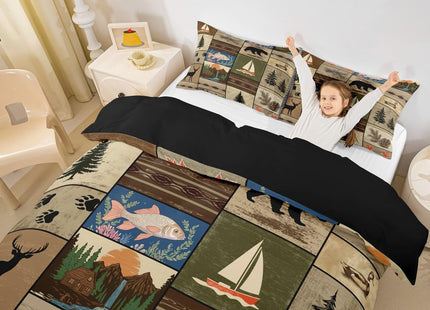 Erosebridal Retro Brown Cabin Duvet Cover,Patchwork Woodland Bear Deer Bedding Sets for Rustic Lodge,Farmhouse Wooden Wild Animal Comforter Cover for Boys Adults Men,Fish Duck Boat Bed Set Zipper