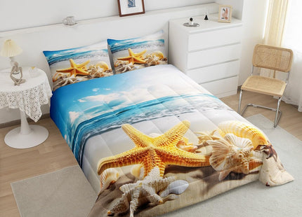 Erosebridal Coastal Beach Bedding Full Ocean Theme Comforter Set, Sea Marine Bedding Comforters & Sets Coastal Wildlife Duvet Sets, Kawaii Seashell Starfish Quilt Sets Blue Sky Decoratives 3 Pieces